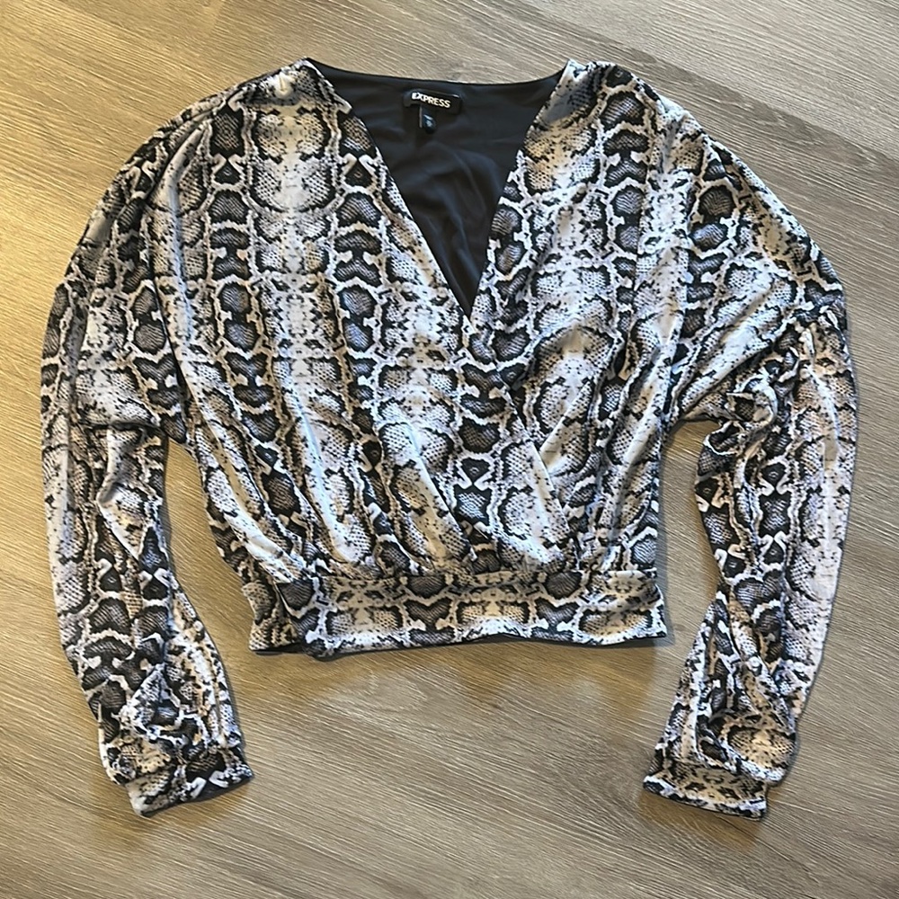 Express Black and Gray Graphic Crop Blouse